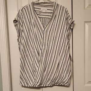 Liz Claiborne Black and White Striped V-Neck Criss Cross Blouse Size XL